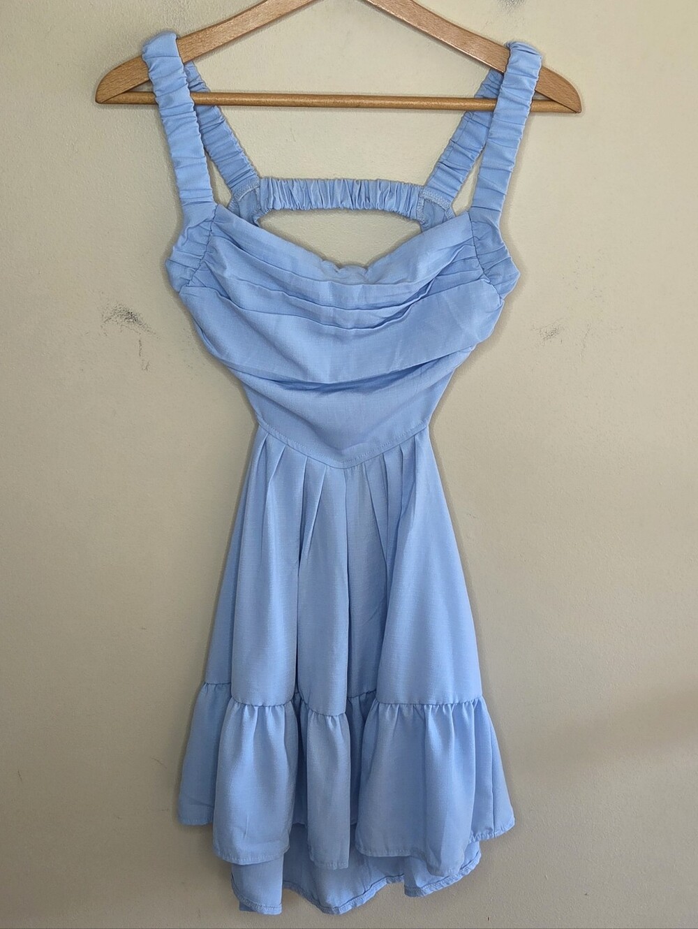 Shein Baby Blue Ruched Strap Cutout Mini Dress Open Back Tiered Skirt Size Small